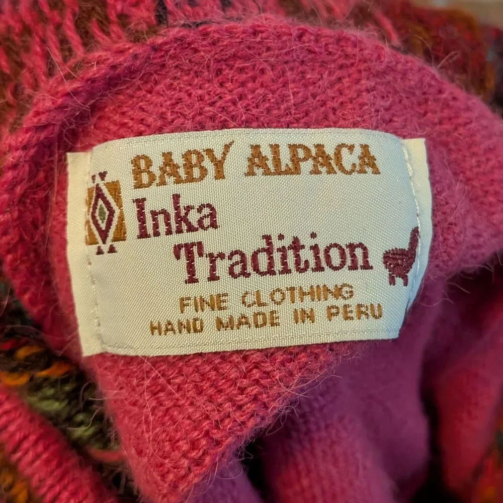Inka Tradition Baby Alpaca Peruvian Fair Isle Sweater, Hoodie Handmade, Size S